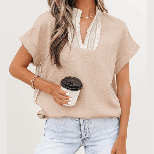 Angelie Parchment Crochet Lace Accent Pullover Rolled Short Sleeve Blouse