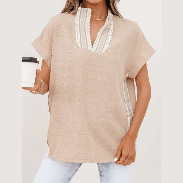 Angelie Parchment Crochet Lace Accent Pullover Rolled Short Sleeve Blouse