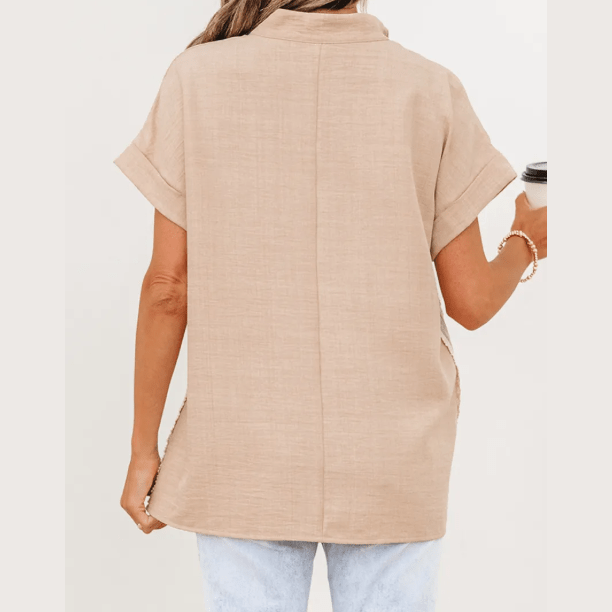 Angelie Parchment Crochet Lace Accent Pullover Rolled Short Sleeve Blouse