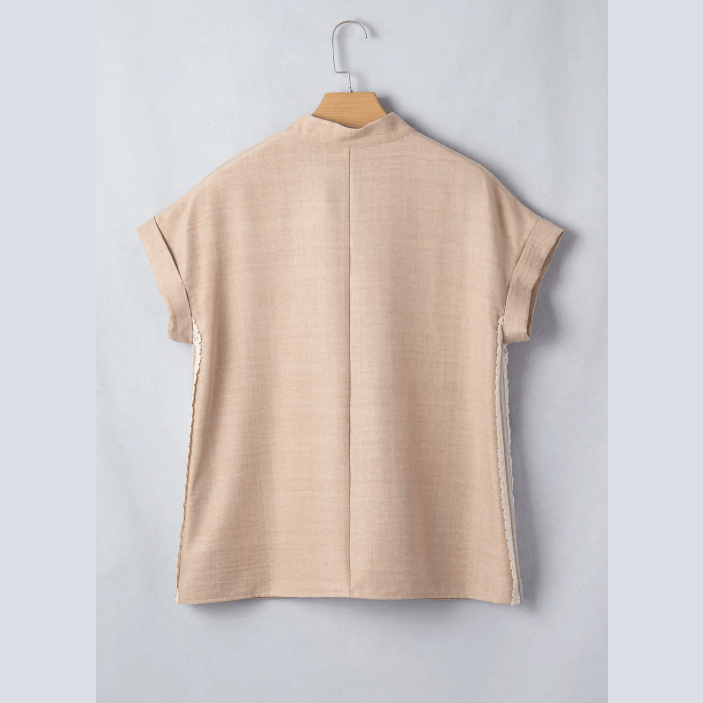 Angelie Parchment Crochet Lace Accent Pullover Rolled Short Sleeve Blouse