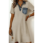 Tisha Beige Short Sleeve Ribbed Knit Denim Patchwork Polo Collar Dress