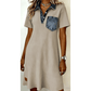 Tisha Beige Short Sleeve Ribbed Knit Denim Patchwork Polo Collar Dress