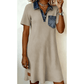 Tisha Beige Short Sleeve Ribbed Knit Denim Patchwork Polo Collar Dress