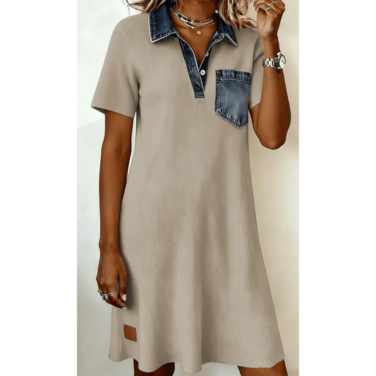 Tisha Beige Short Sleeve Ribbed Knit Denim Patchwork Polo Collar Dress