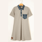 Tisha Beige Short Sleeve Ribbed Knit Denim Patchwork Polo Collar Dress