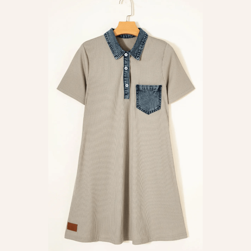 Tisha Beige Short Sleeve Ribbed Knit Denim Patchwork Polo Collar Dress