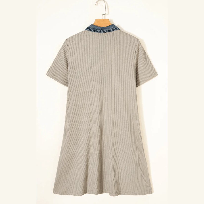 Tisha Beige Short Sleeve Ribbed Knit Denim Patchwork Polo Collar Dress
