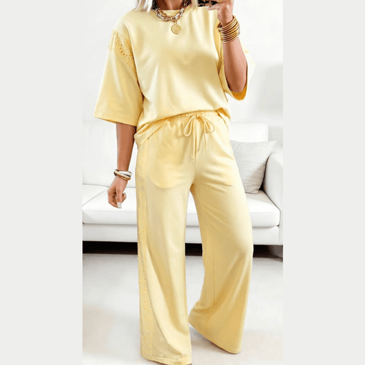 Blaise Yellow Lace Patchwork Half Sleeve Top Elastic Waist Pants Two Piece Set