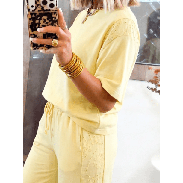 Blaise Yellow Lace Patchwork Half Sleeve Top Elastic Waist Pants Two Piece Set