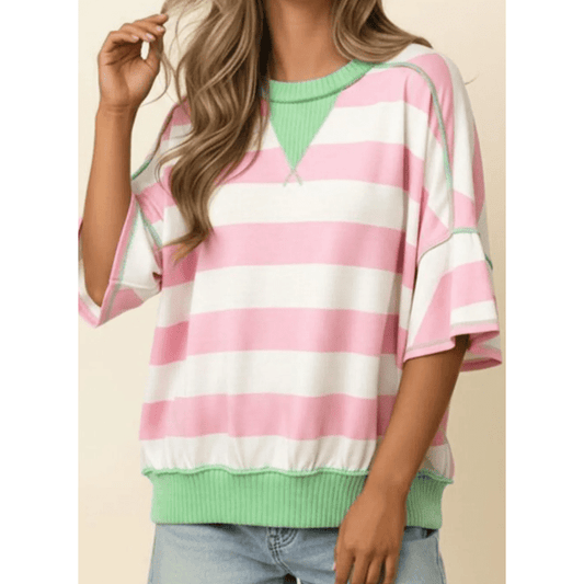 Elyse Pink Stripe Exposed Seam Ribbed Patchwork Oversized Tee