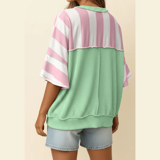 RTS Elyse Pink Stripe Exposed Seam Ribbed Patchwork Oversized Tee