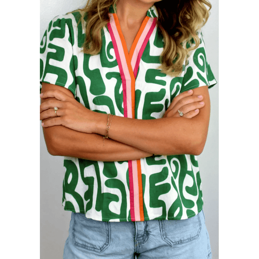 Siri Green Abstract Print Striped Trim V Neck Short Sleeve Blouse
