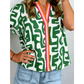 Siri Green Abstract Print Striped Trim V Neck Short Sleeve Blouse
