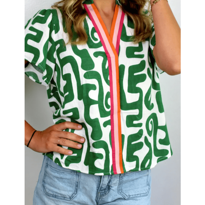 Siri Green Abstract Print Striped Trim V Neck Short Sleeve Blouse