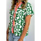 Siri Green Abstract Print Striped Trim V Neck Short Sleeve Blouse