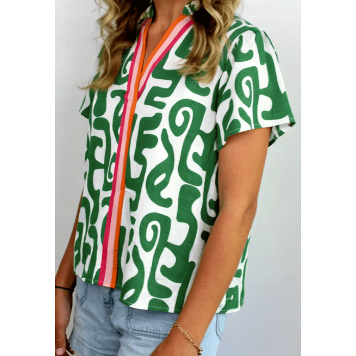 Siri Green Abstract Print Striped Trim V Neck Short Sleeve Blouse