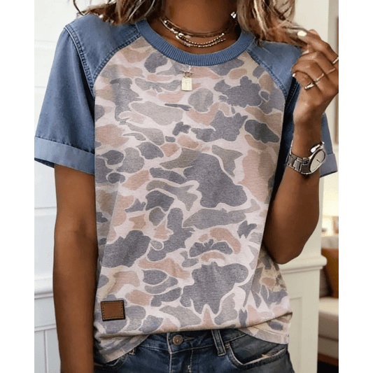 Marenda Camouflage Print Denim Color Block Sleeve Casual Tee