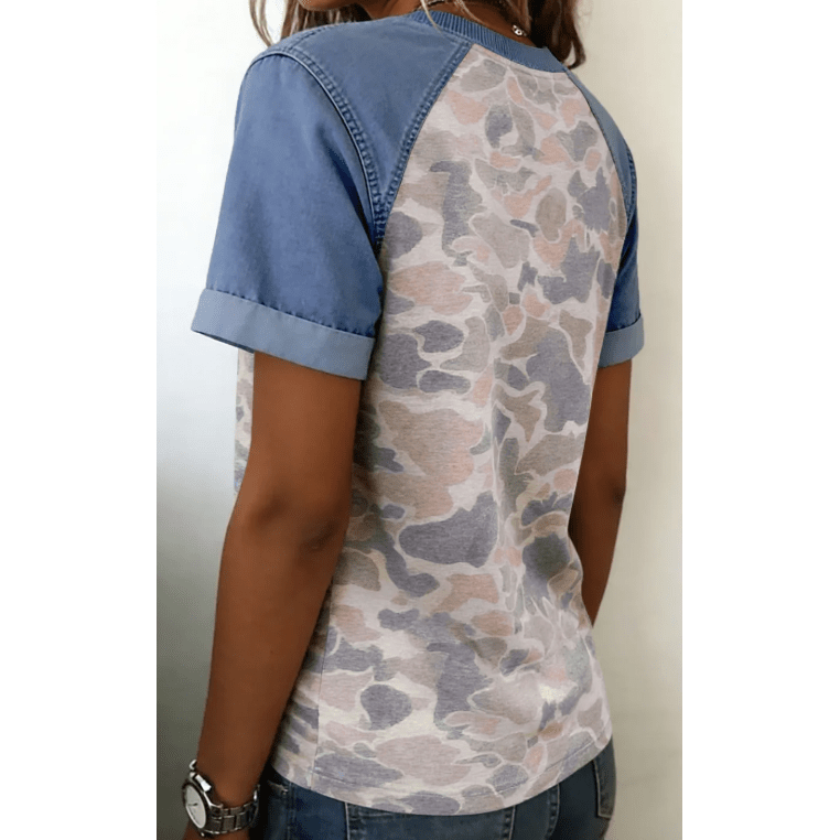 Marenda Camouflage Print Denim Color Block Sleeve Casual Tee