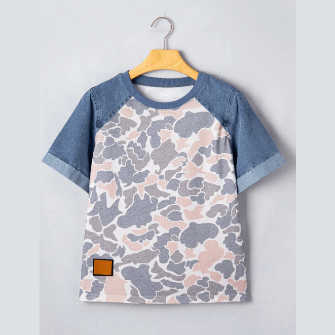 Marenda Camouflage Print Denim Color Block Sleeve Casual Tee