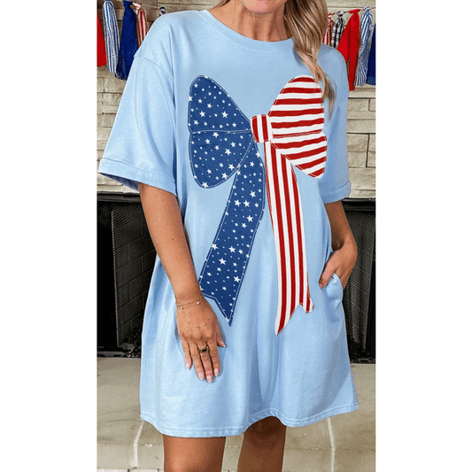 Beau Blue Patriotic Big Bow Stitched T Shift Mini Dress