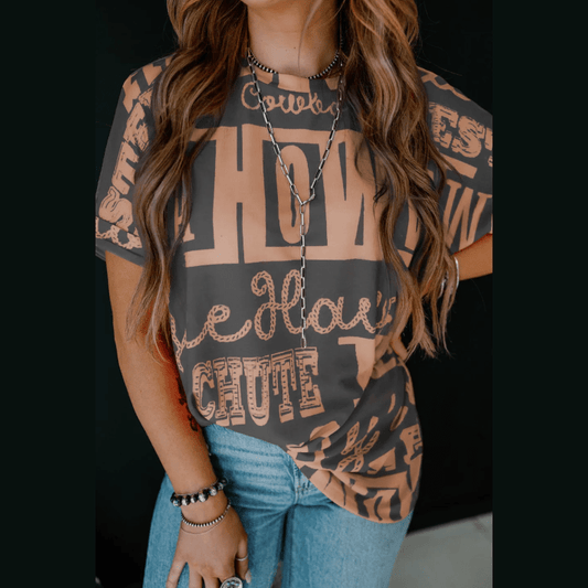 Dark Grey Howdy Cowboy Letter Printed Western Fashion Tee