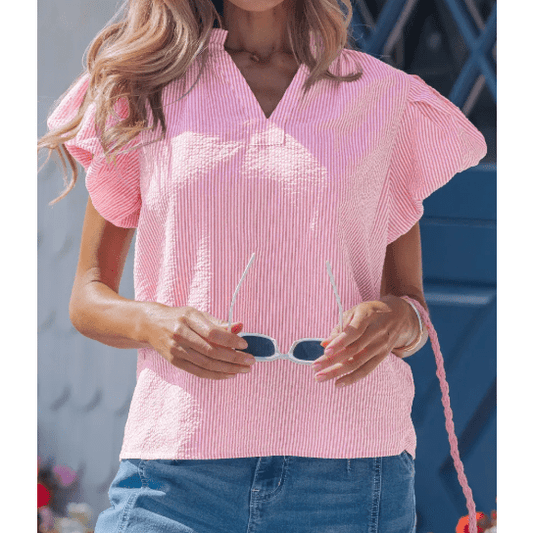 Chanler Stripe Short Bubble Sleeve Split V Neck Blouse