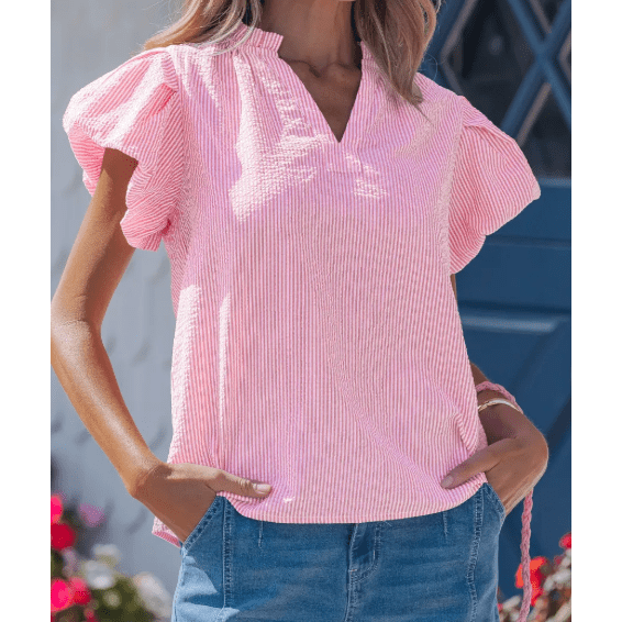 Chanler Stripe Short Bubble Sleeve Split V Neck Blouse