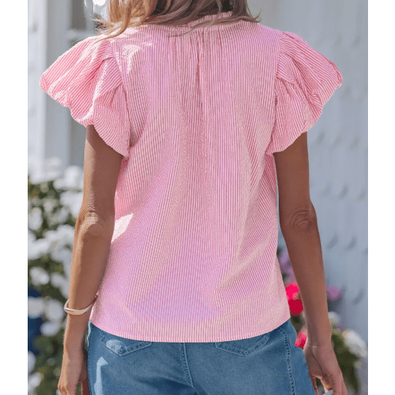 Chanler Stripe Short Bubble Sleeve Split V Neck Blouse