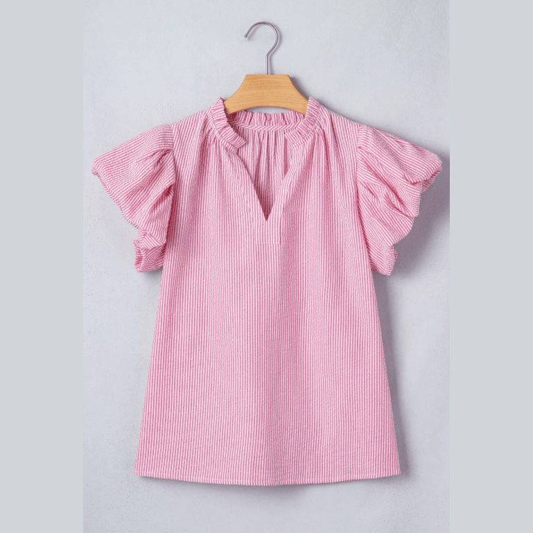 Chanler Stripe Short Bubble Sleeve Split V Neck Blouse