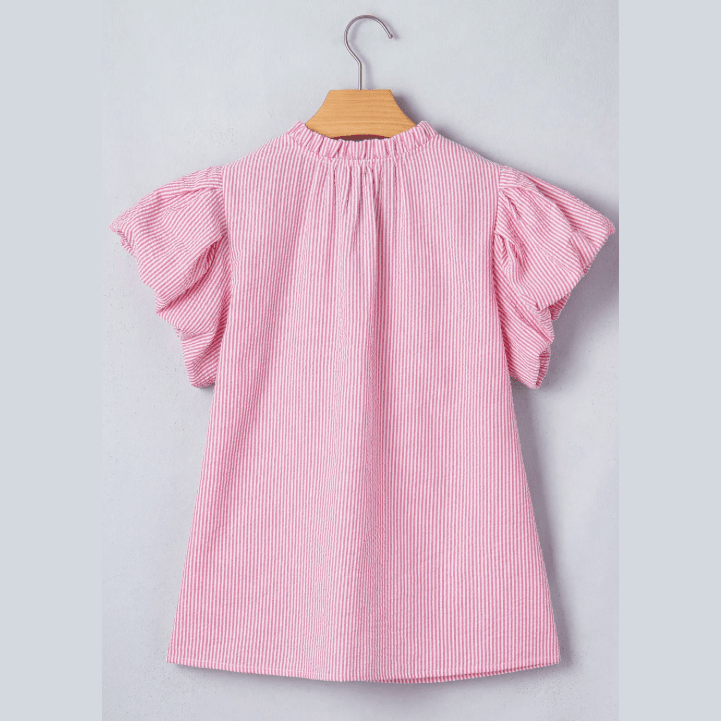 Chanler Stripe Short Bubble Sleeve Split V Neck Blouse