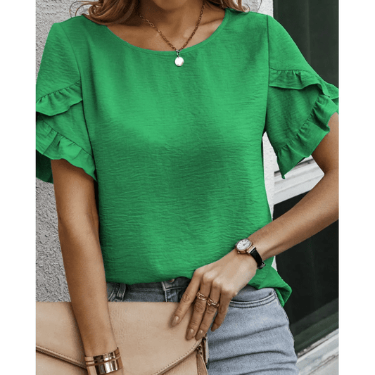 Jeri Green Ruffle Trim Short Sleeve Blouse