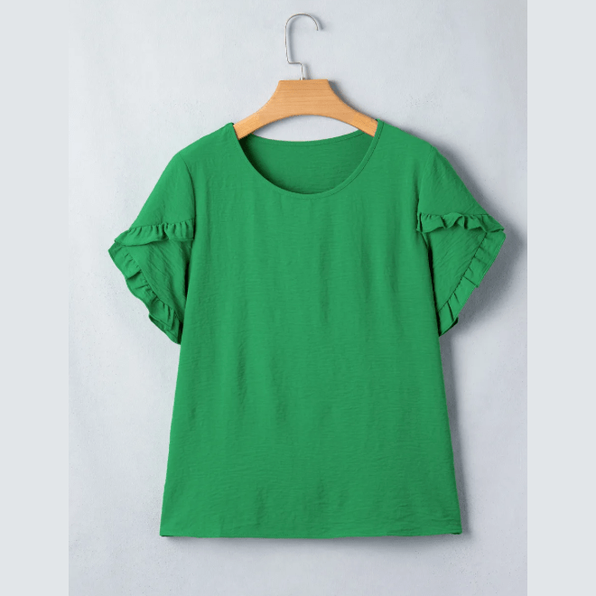 Jeri Green Ruffle Trim Short Sleeve Blouse