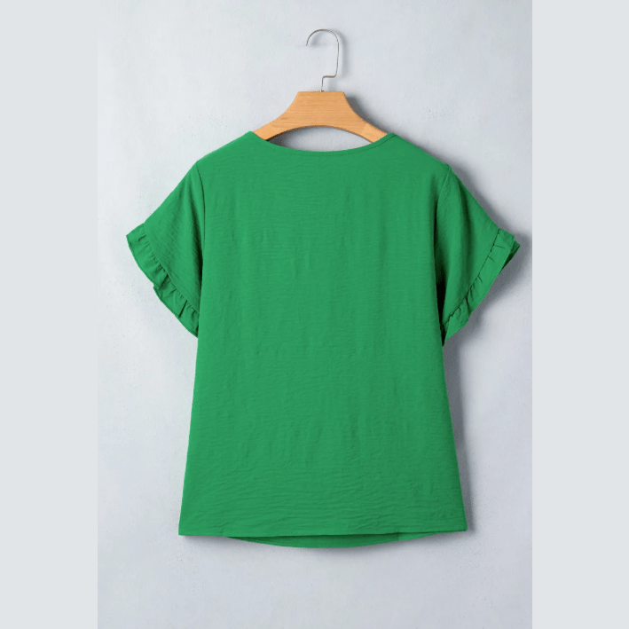 Jeri Green Ruffle Trim Short Sleeve Blouse
