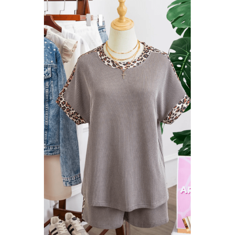 Kenna Grey Leopard Trim Twist Ribbed Short Set