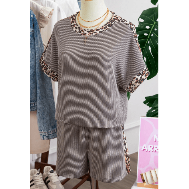 Kenna Grey Leopard Trim Twist Ribbed Short Set