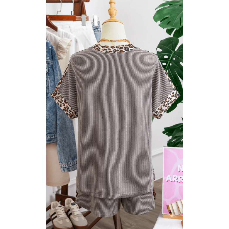 Kenna Grey Leopard Trim Twist Ribbed Short Set