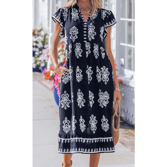 SALE!!!  Adrianna Blue Western Ethnic Print Notched Neck Short Sleeve Midi Dress