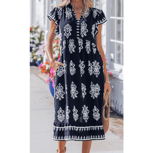 Adrianna Blue Western Ethnic Print Notched Neck Short Sleeve Midi Dress