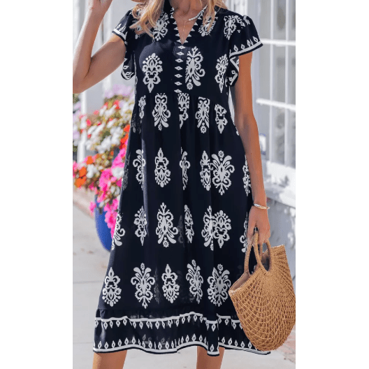 SALE!!!  Adrianna Blue Western Ethnic Print Notched Neck Short Sleeve Midi Dress