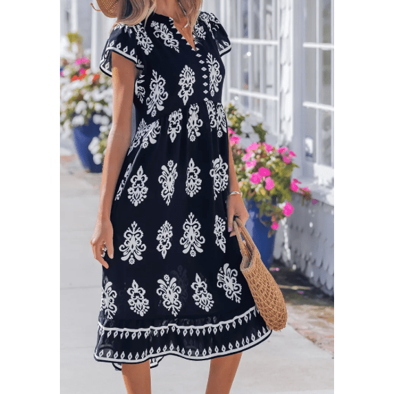 SALE!!!  Adrianna Blue Western Ethnic Print Notched Neck Short Sleeve Midi Dress