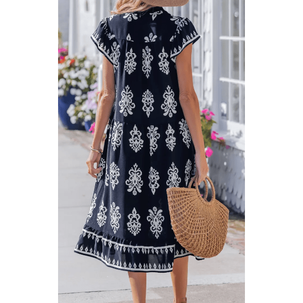 SALE!!!  Adrianna Blue Western Ethnic Print Notched Neck Short Sleeve Midi Dress