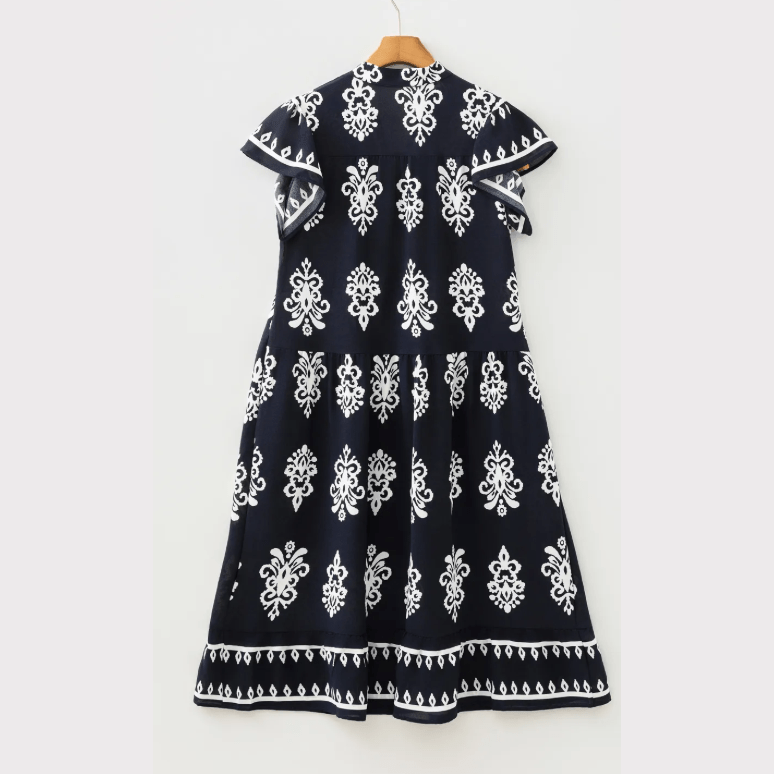 SALE!!!  Adrianna Blue Western Ethnic Print Notched Neck Short Sleeve Midi Dress
