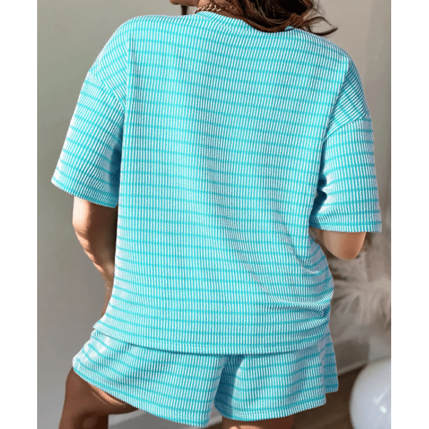 Taylee Sky Blue Stripe Raised Rib Loose Tee Drawstring Elastic Waist 2pcs Short Set