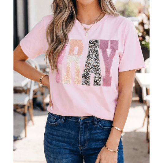 Pink PRAY Sequin Leopard Multiple Patched Graphic Tee