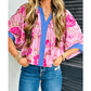 Baylee Floral Half Sleeve Striped Trim V Neck Blouse