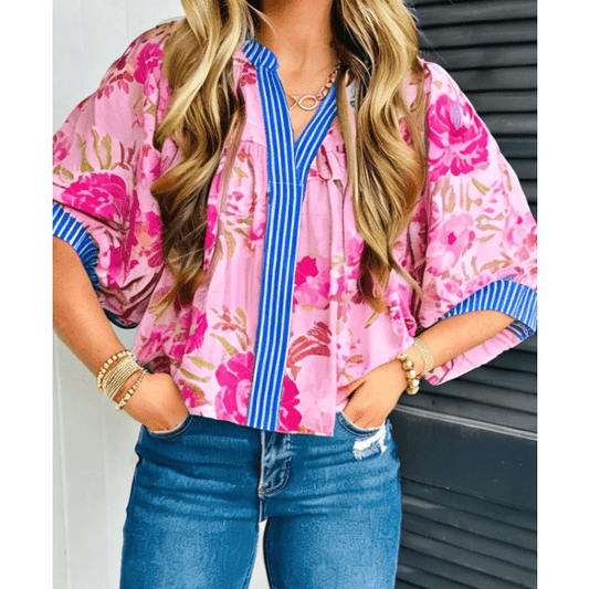 Baylee Floral Half Sleeve Striped Trim V Neck Blouse