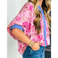 Baylee Floral Half Sleeve Striped Trim V Neck Blouse