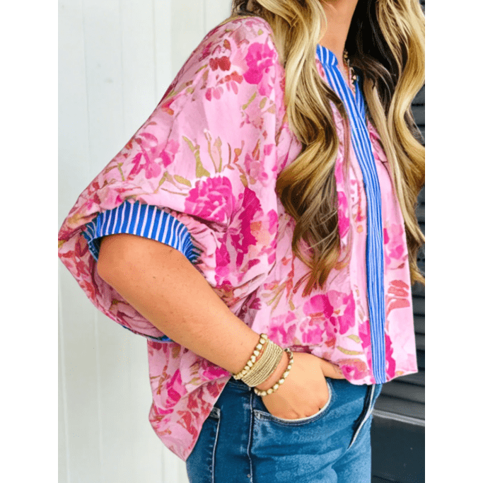 Baylee Floral Half Sleeve Striped Trim V Neck Blouse