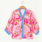 Baylee Floral Half Sleeve Striped Trim V Neck Blouse