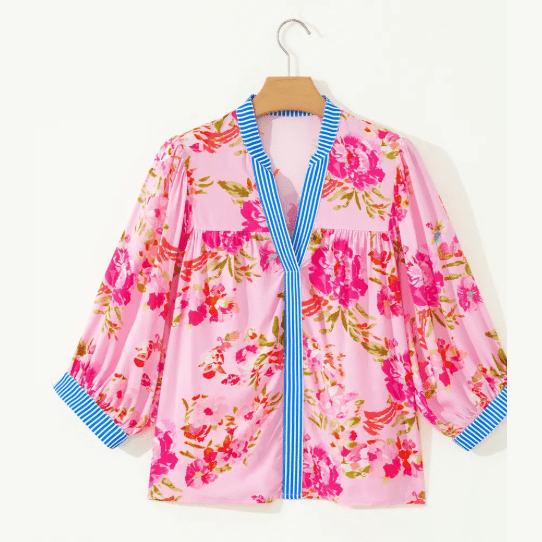 Baylee Floral Half Sleeve Striped Trim V Neck Blouse